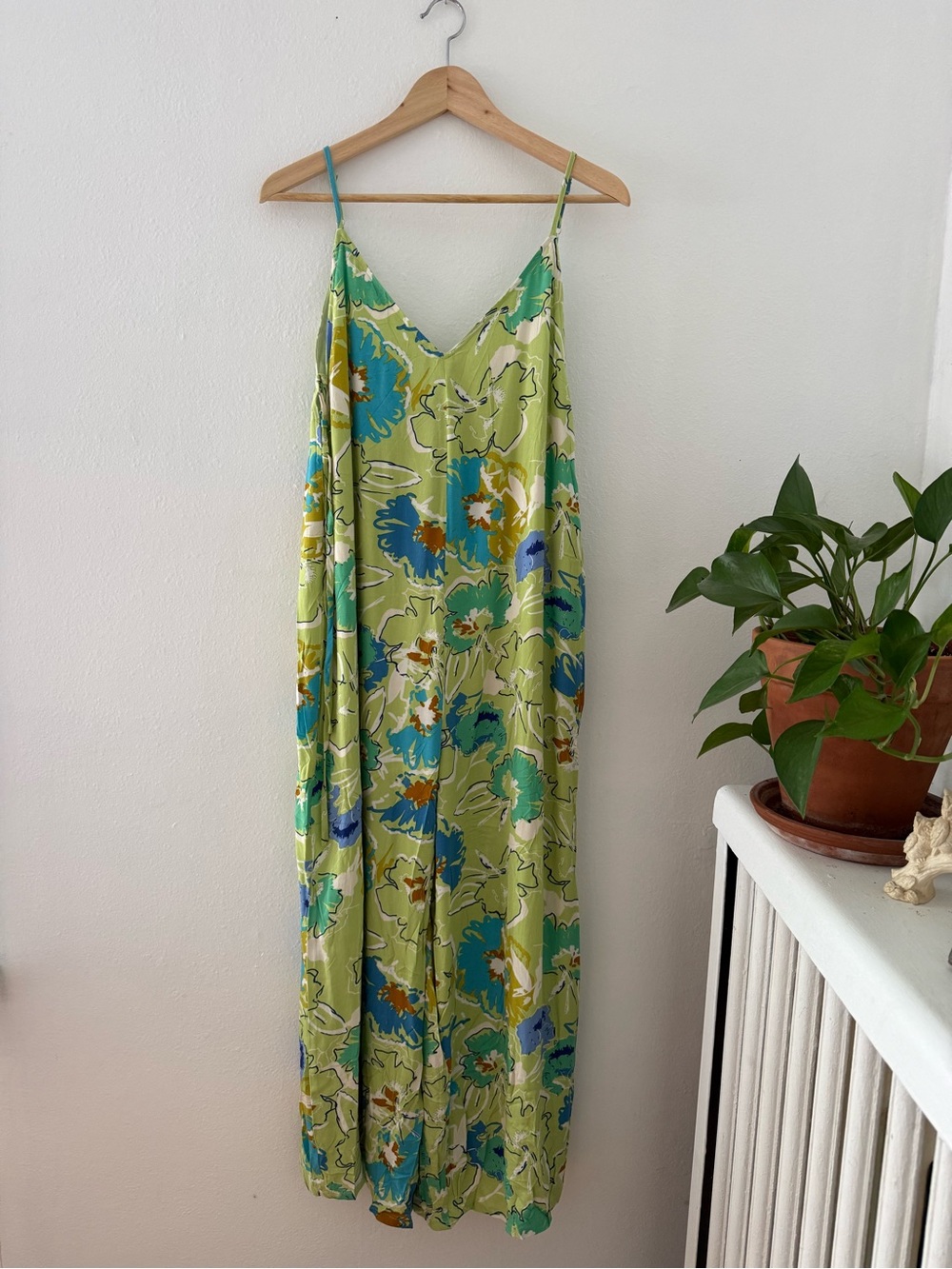 En Creme Green Floral Slip Jumpsuit with Blue Accents